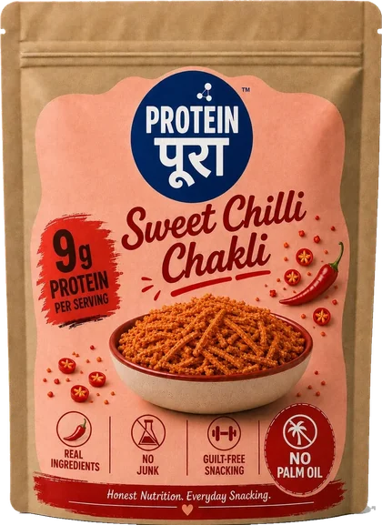 Sweet Chilli Chakli pack: a kraft pouch with a pink label.