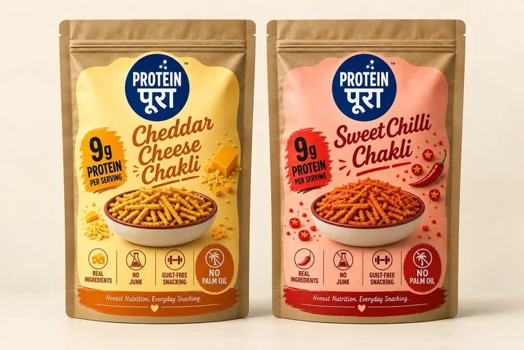 Cheddar Cheese Chakli and Sweet Chilli Chakli packs side by side.
